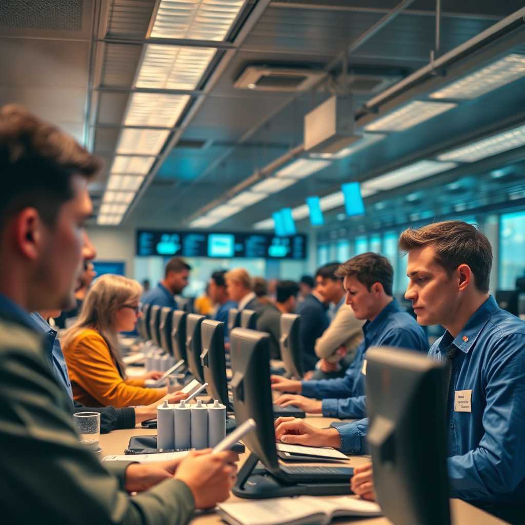 Busy courier dispatch office with incoming texts visualized