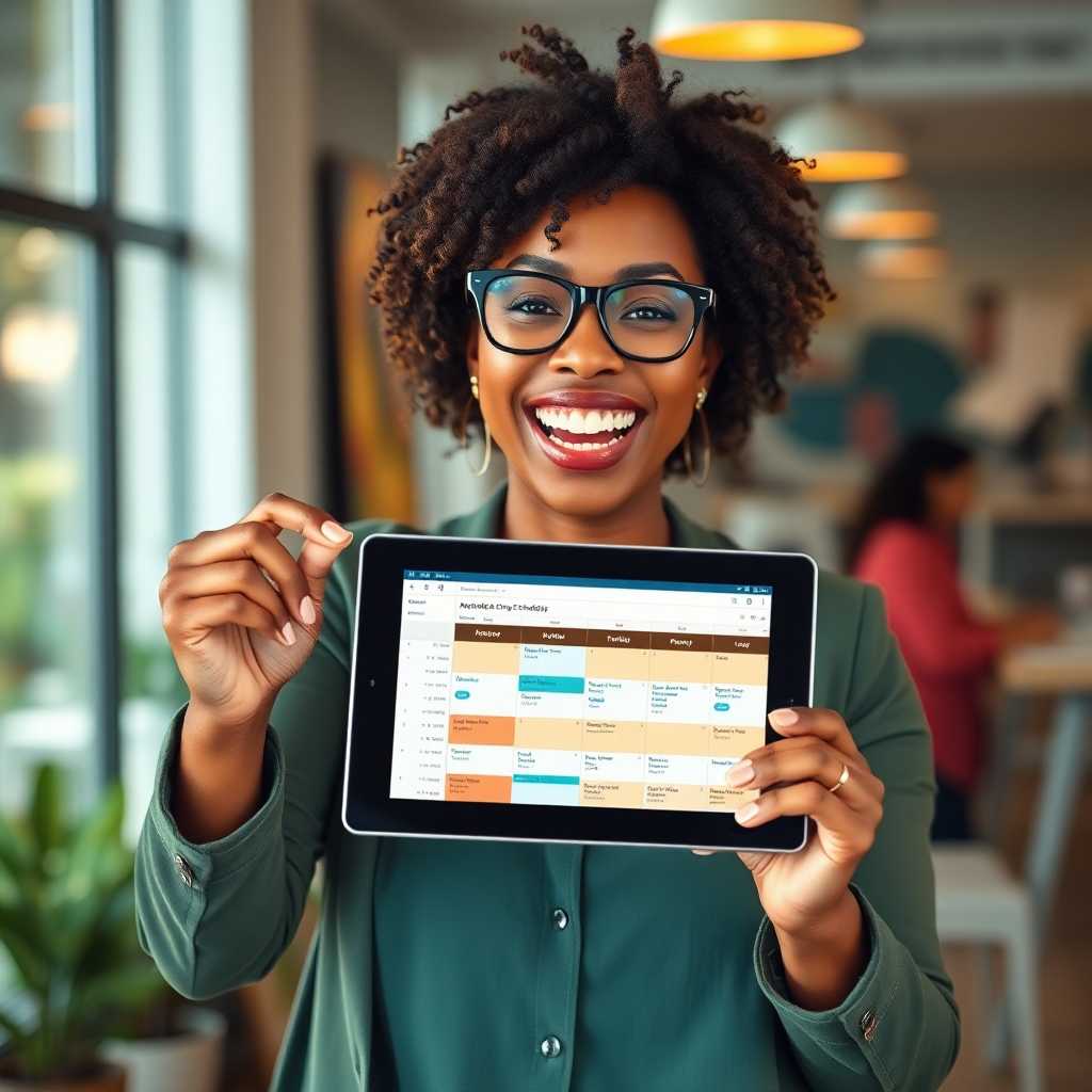 A delighted business owner showcasing a tablet with her streamlined schedule.