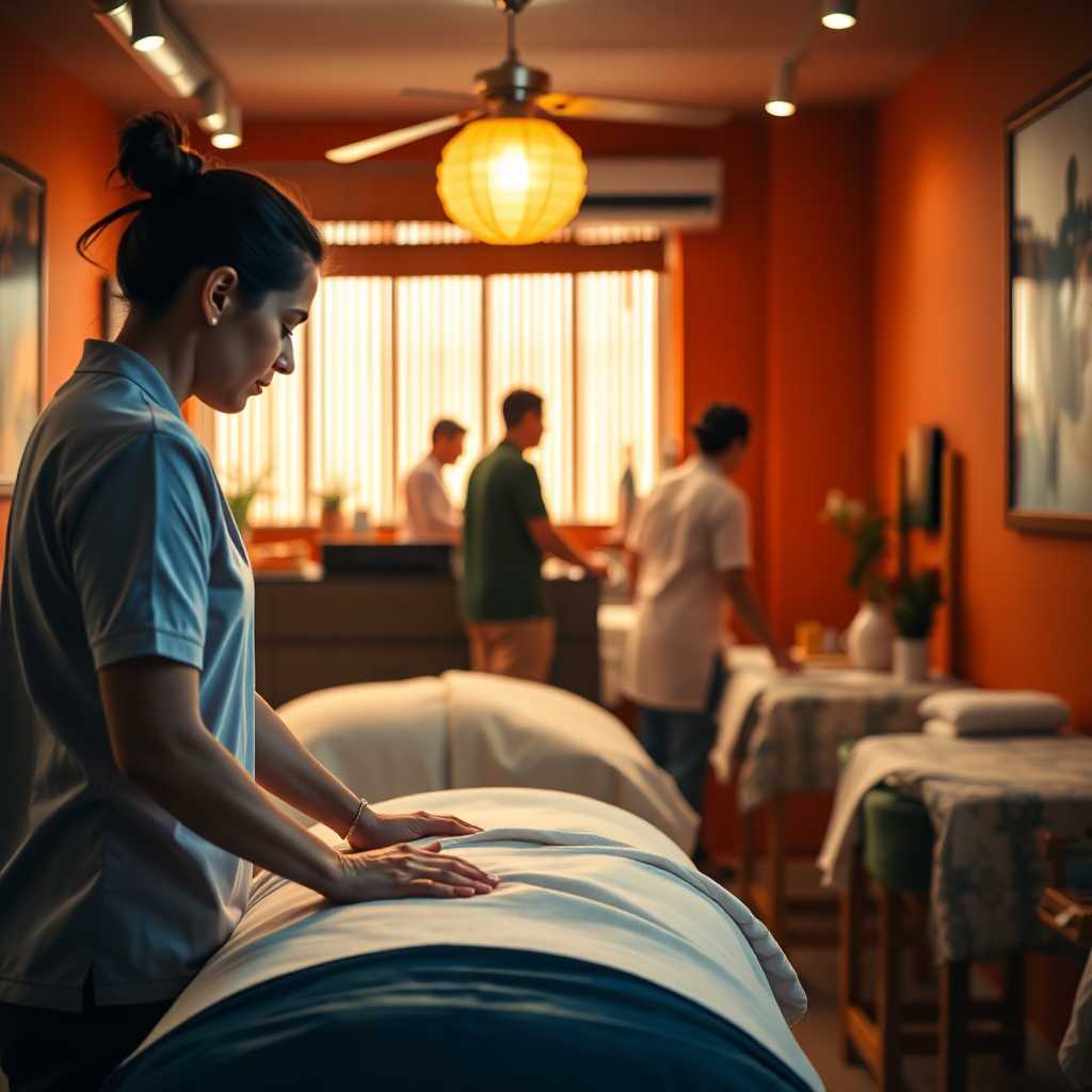 A busy massage therapist quickly and efficiently attending to clients
