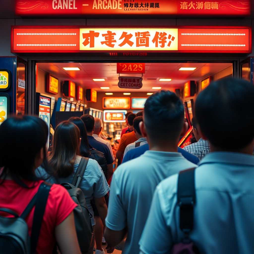 Busy arcade entrance with customers eagerly waiting