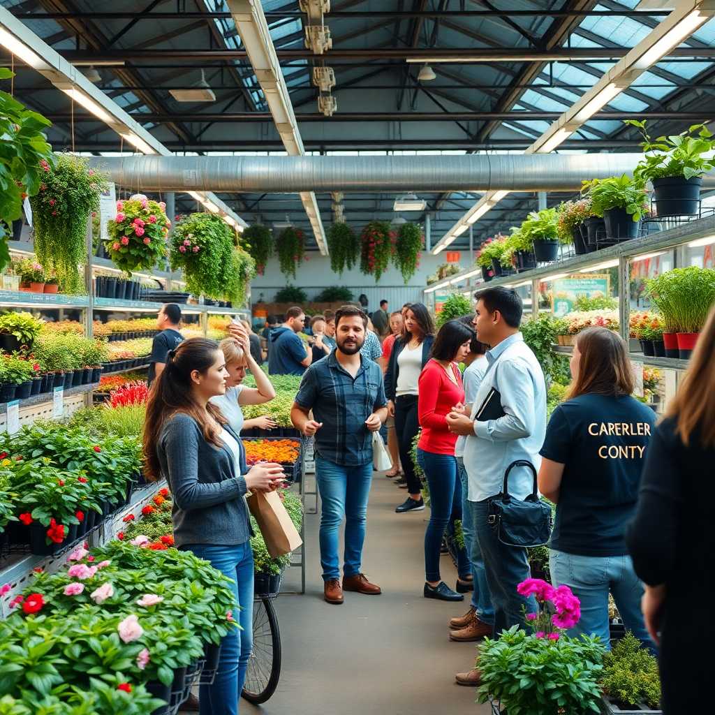 A dynamic nursery, bustling with customers, engaged employees answering numerous customer queries.
