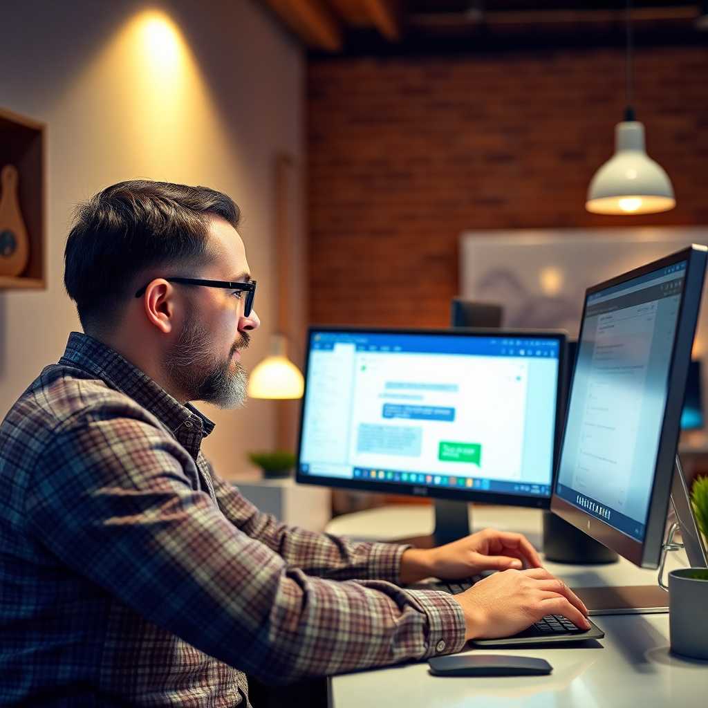 Owner efficiently monitoring SMS portal on desktop, responding to customer queries