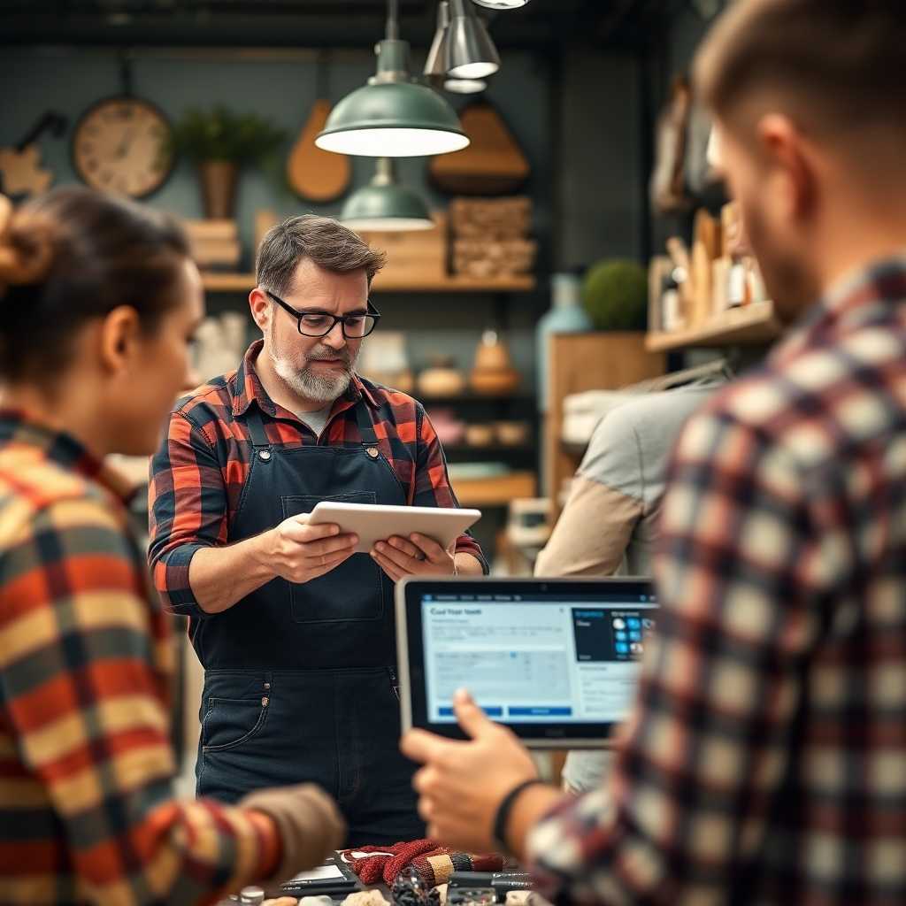 Shop owner discussing a custom order with a customer, showing TextSupport Sales PRO on a tablet.