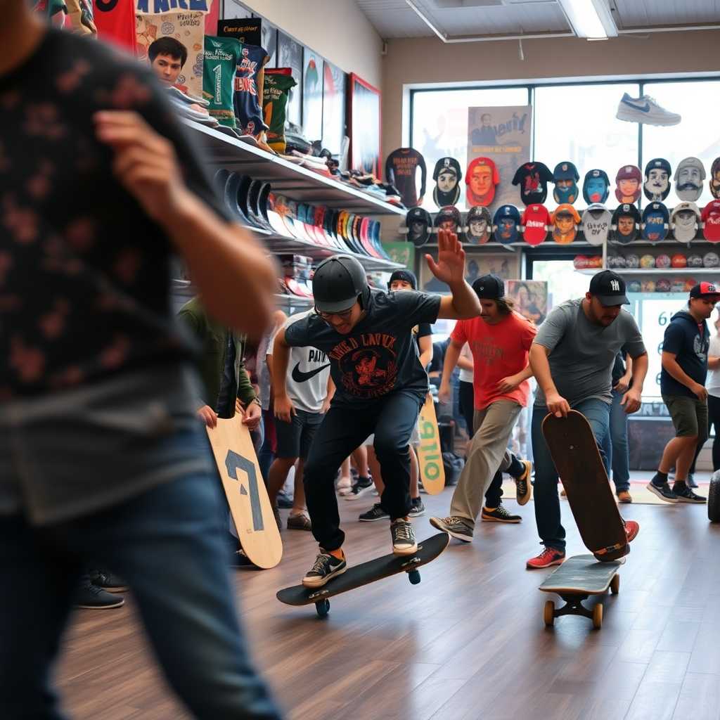 Skateboarding frenzy captured in bustling shop environment.