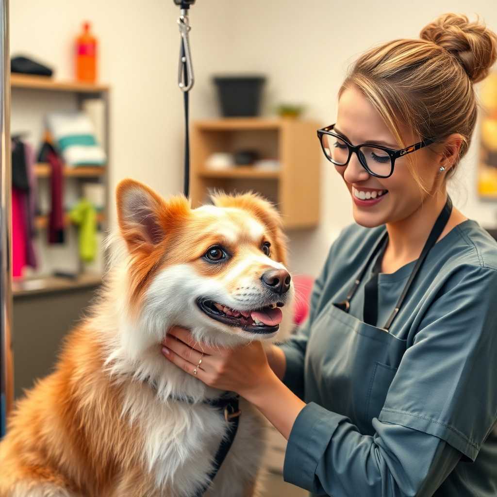 Groomer happily meeting a new customer and their dog for the first time.