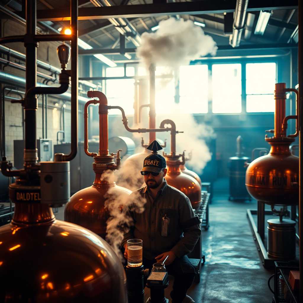 A warmly lit distillery setting highlighting efficiency