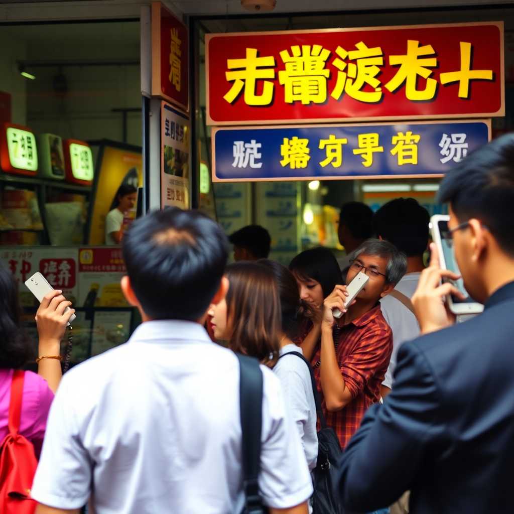 Busy storefront with buzzing phones