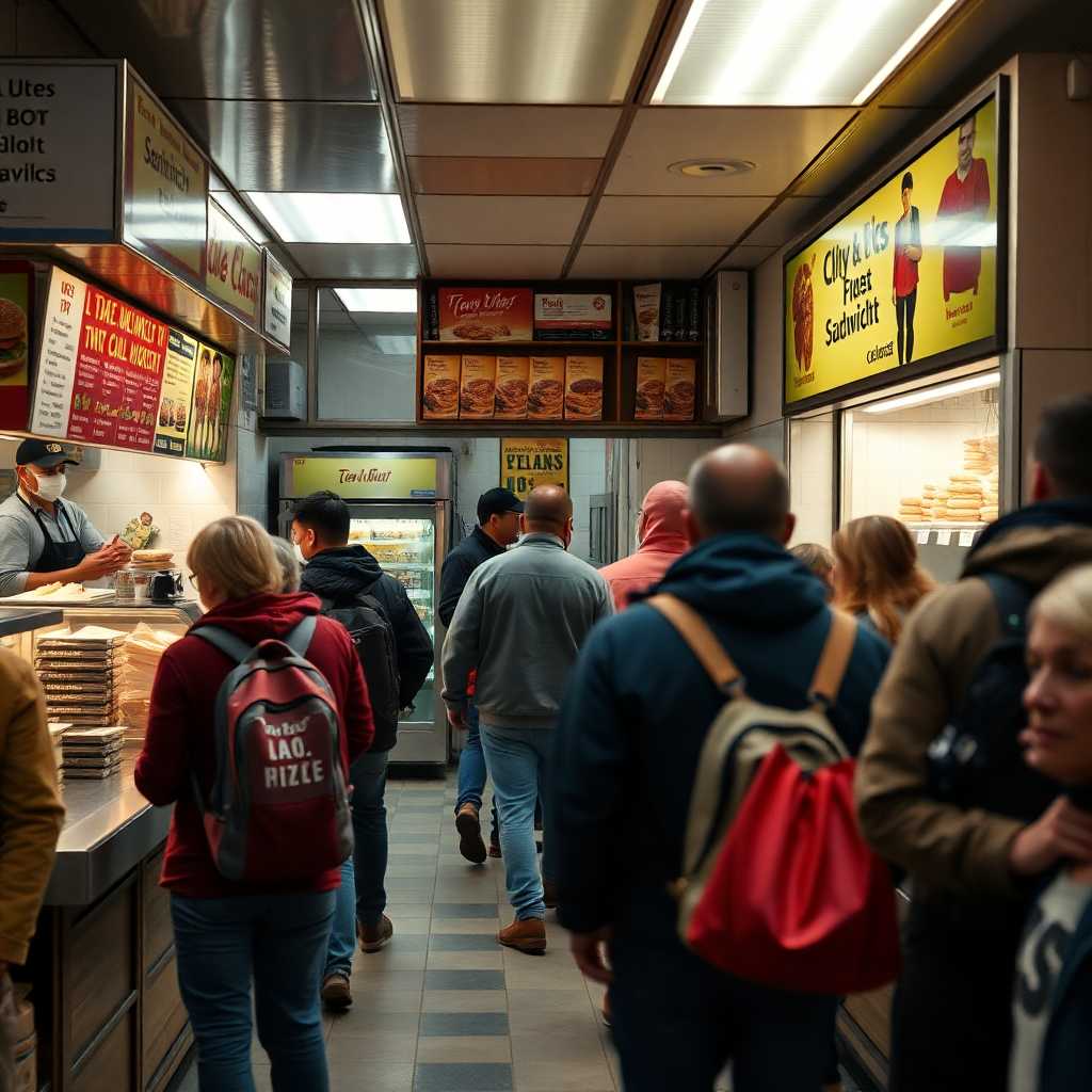 A bustling sandwich shop depicting the challenge of managing heavy customer traffic.