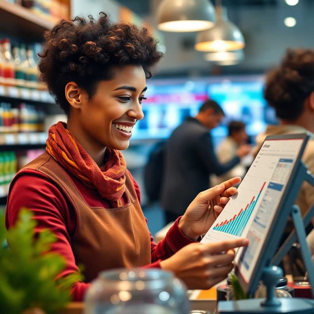 A smiling shop owner reviewing customer satisfaction metrics