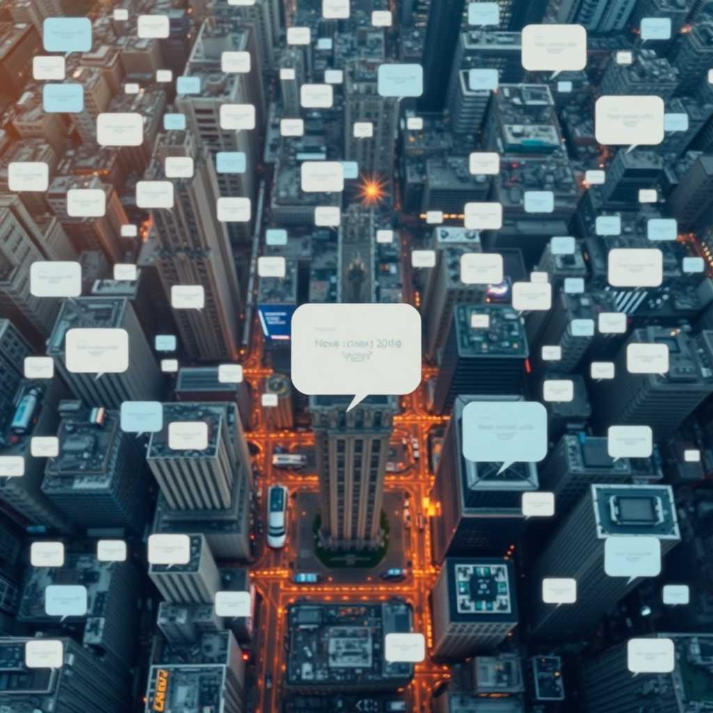 Aerial view of a bustling city alongside numerous text message icons