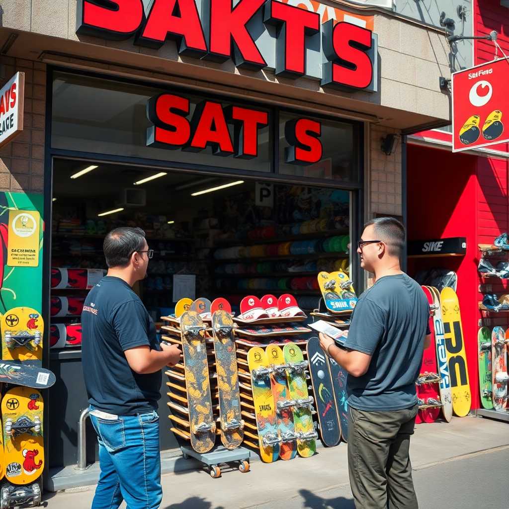 Employees discussing skate inventory in front of a store.