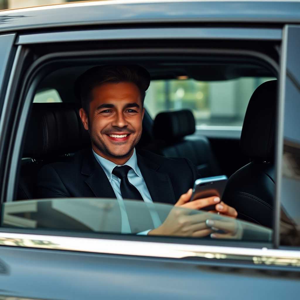 Smiling limousine chauffeur with a smartphone, indicating efficiency