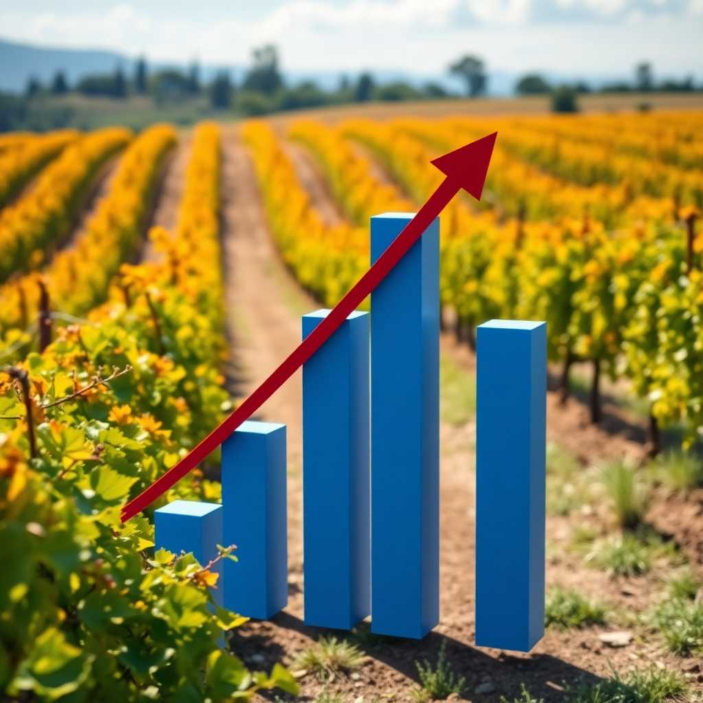 A bar graph with a rising trend and vineyard background, showcasing business growth through effective SMS systems.