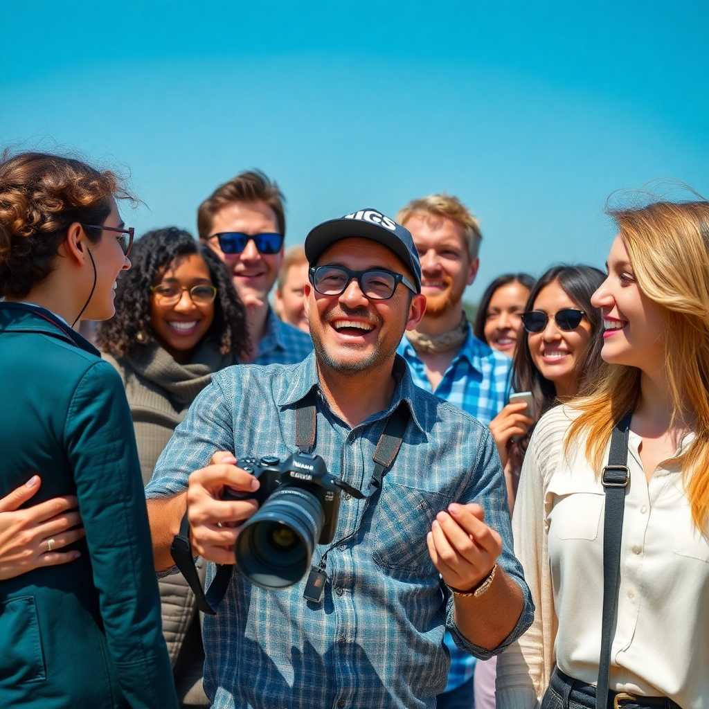 A happy photographer with diverse clients.