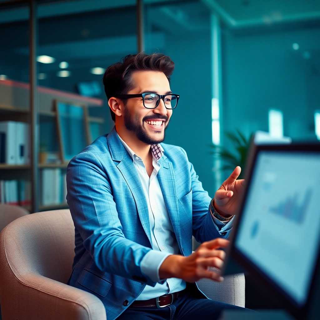 A satisfied business owner reviewing analytics on a digital screen