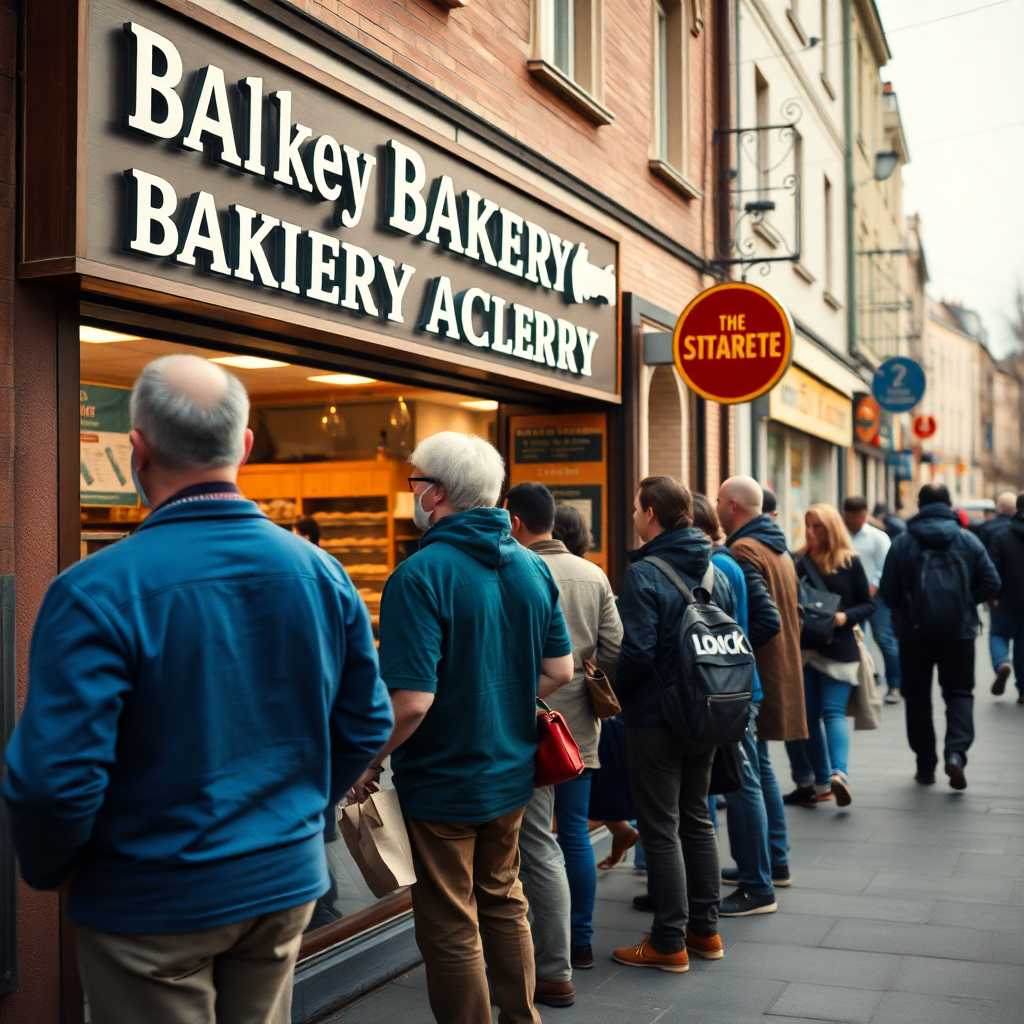 Busy Bakery Front with Queuing Customers