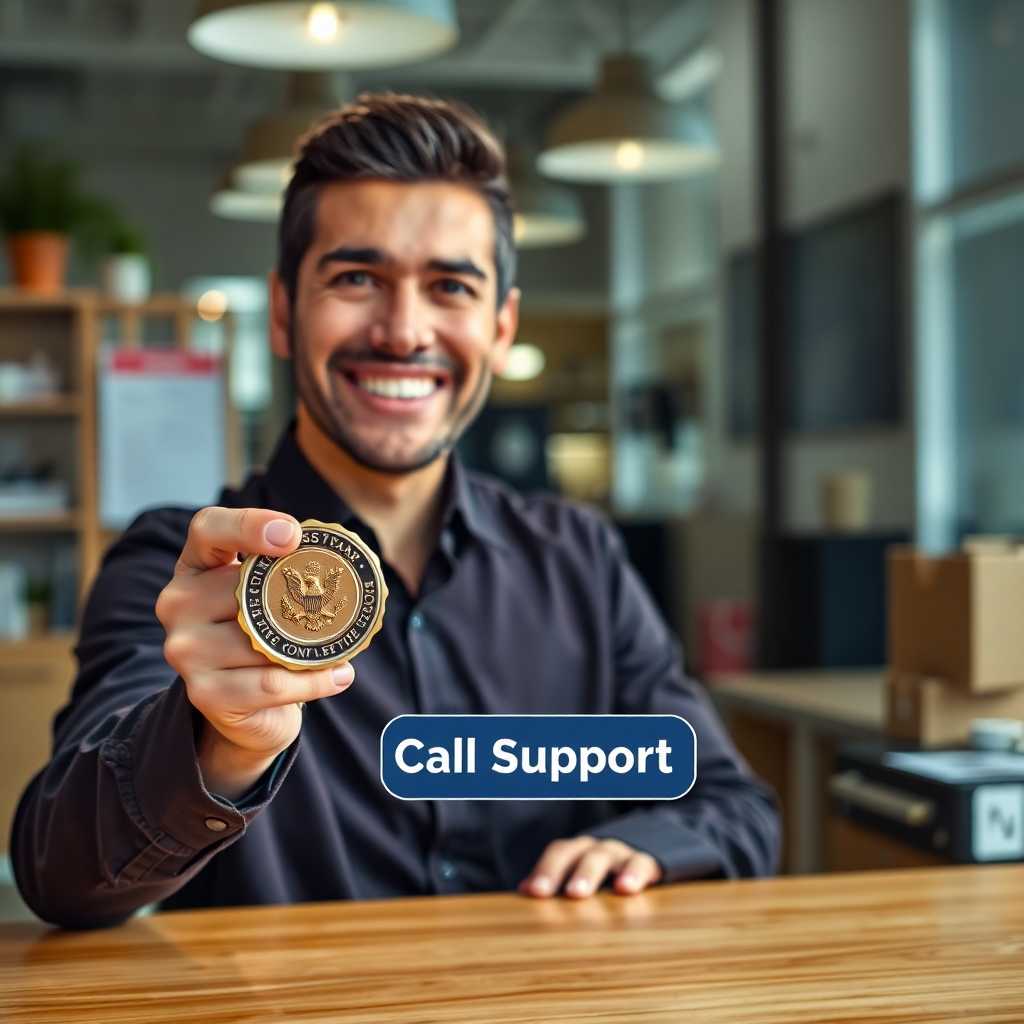 Smiling business owner showing off a notary seal and TextSupport call button