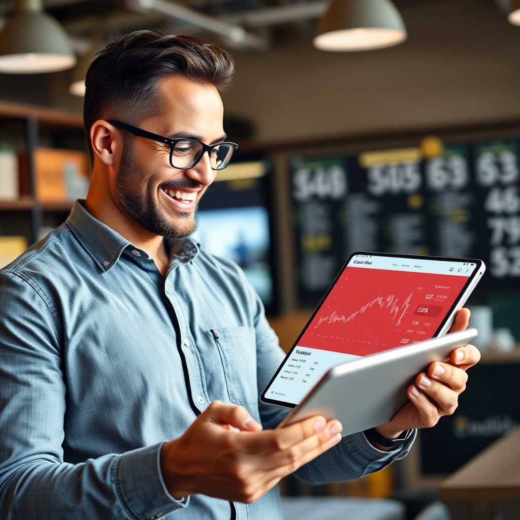 Business owner viewing real-time sales stats on tablet with satisfied smile.