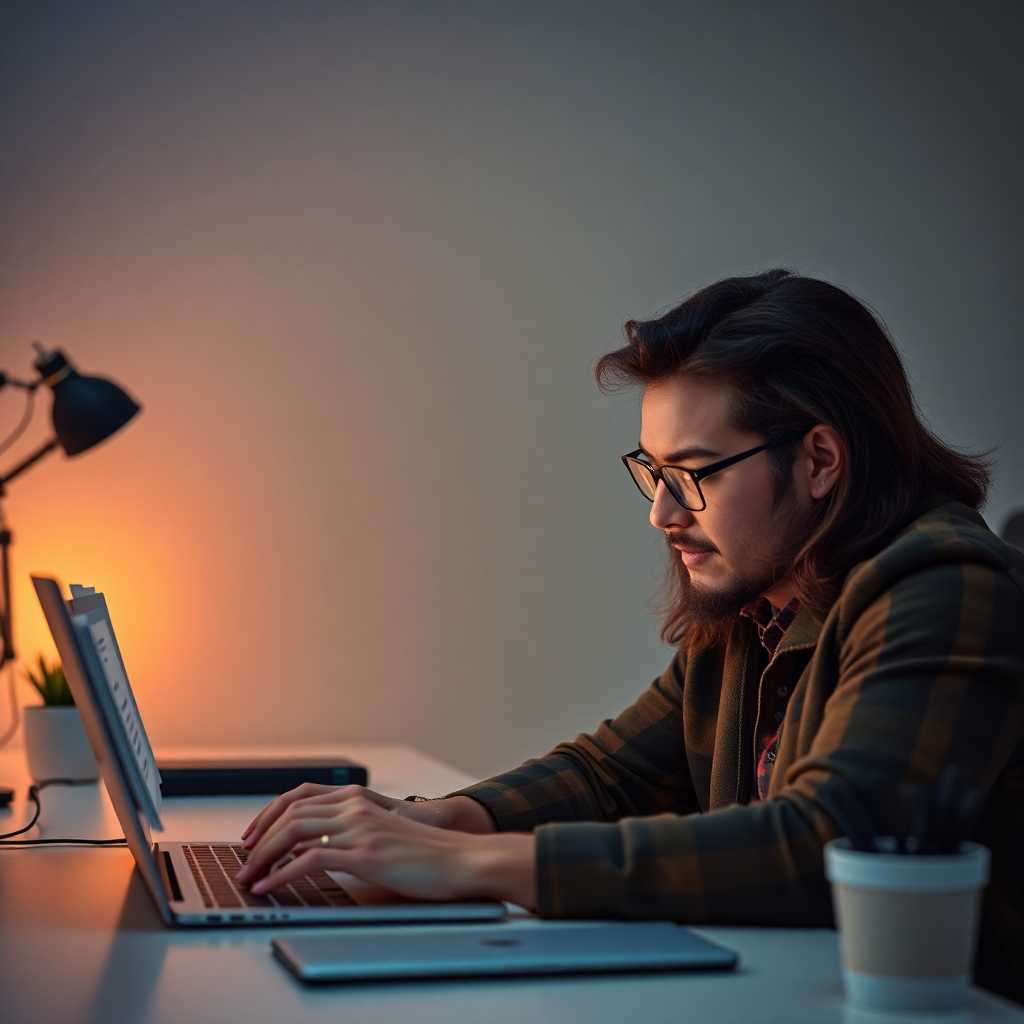 A designer checking messages on a laptop with a look of relieved concentration.