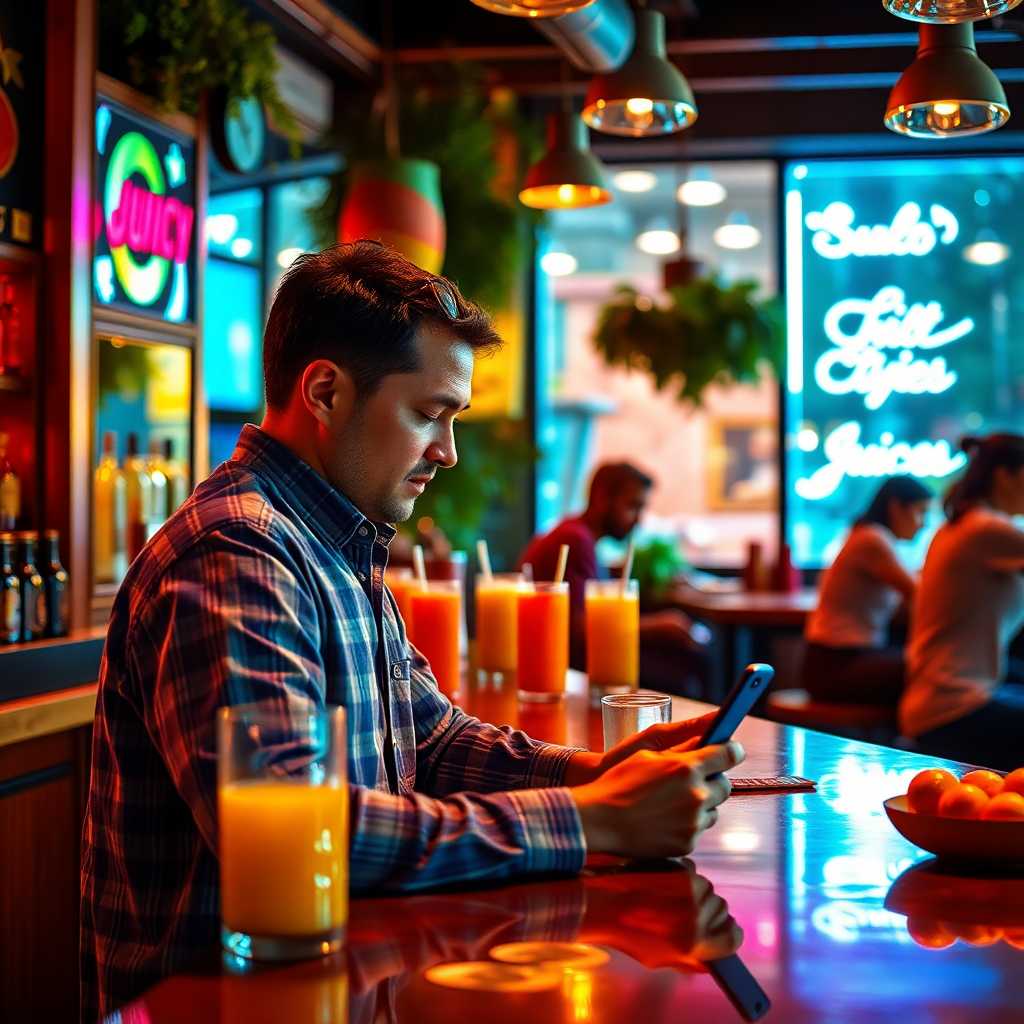 Customer texting inquiries while enjoying a juice at a bar