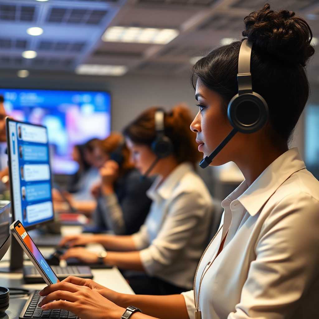 Consultant handling multiple client calls via SMS platform