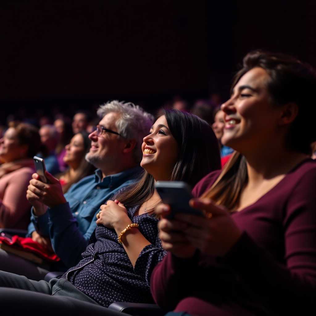 Theater audience in engagement, looking at their phones and smiling