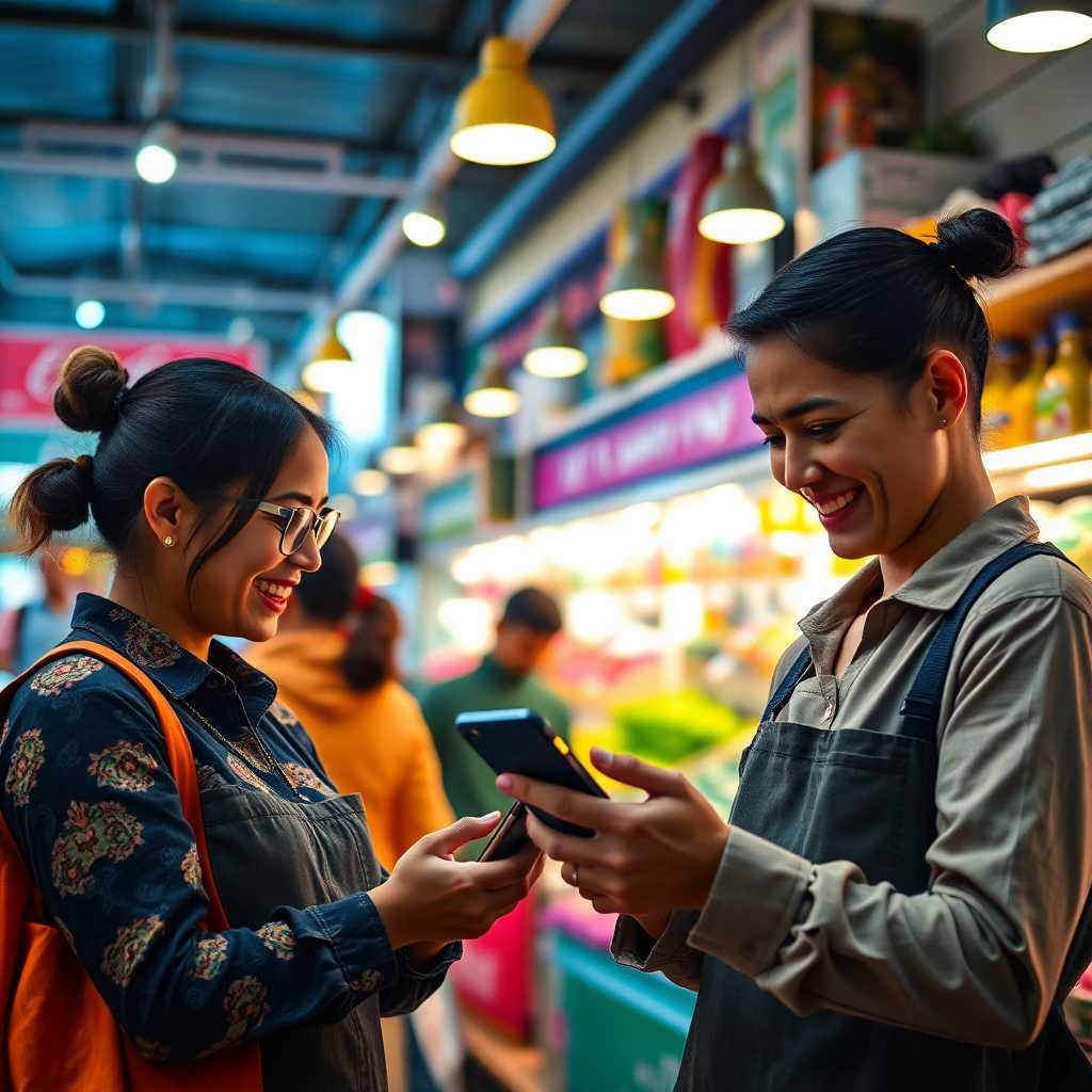 Happy store owners checking messages on a mobile app.