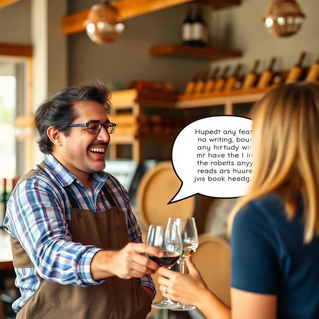 An enthusiastic winery owner engaging with a happy customer, their interaction illustrated by a speech bubble filled with text