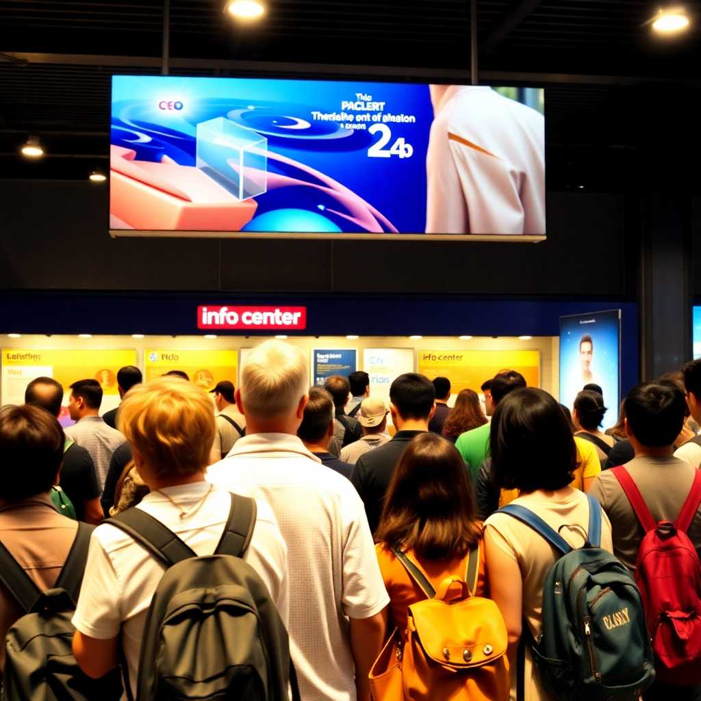 Tourists standing in line at a busy info center