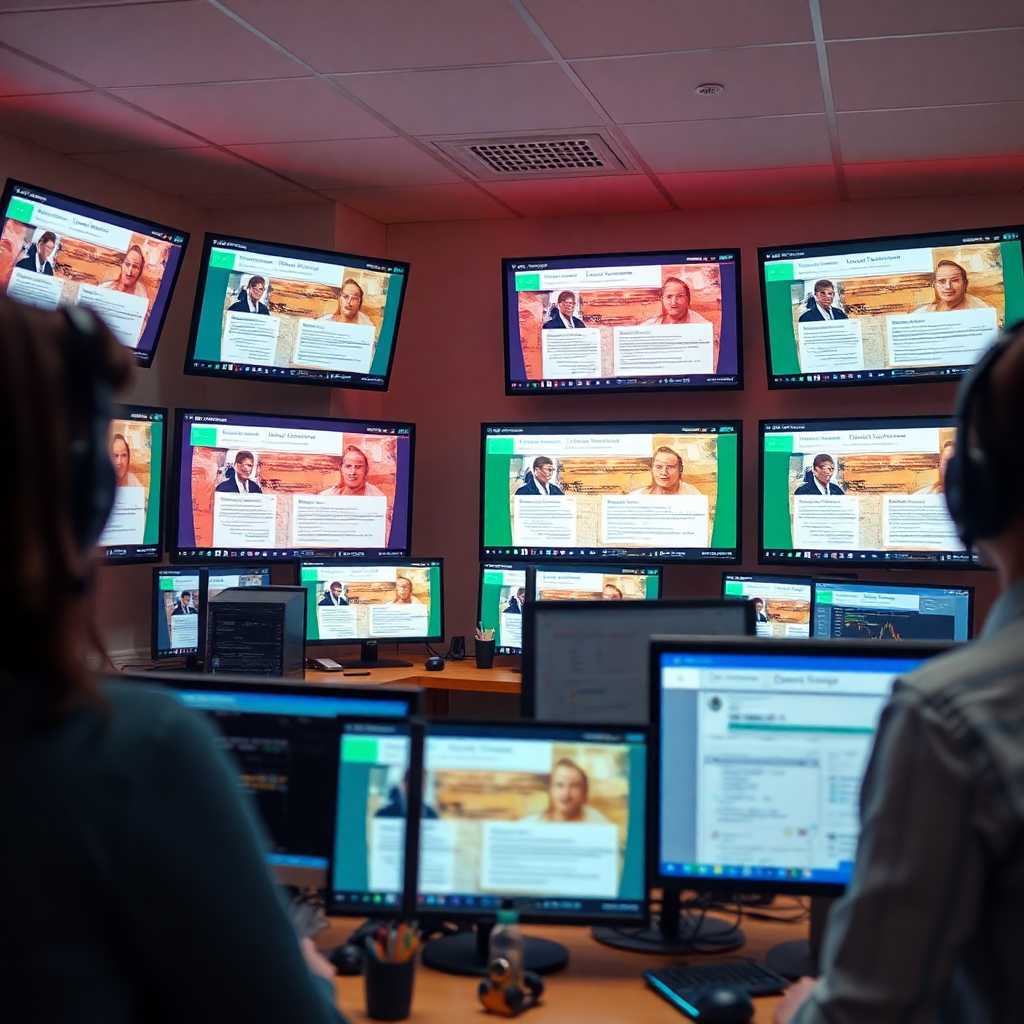Busy editing studio with multiple screens displaying different client inquiries.