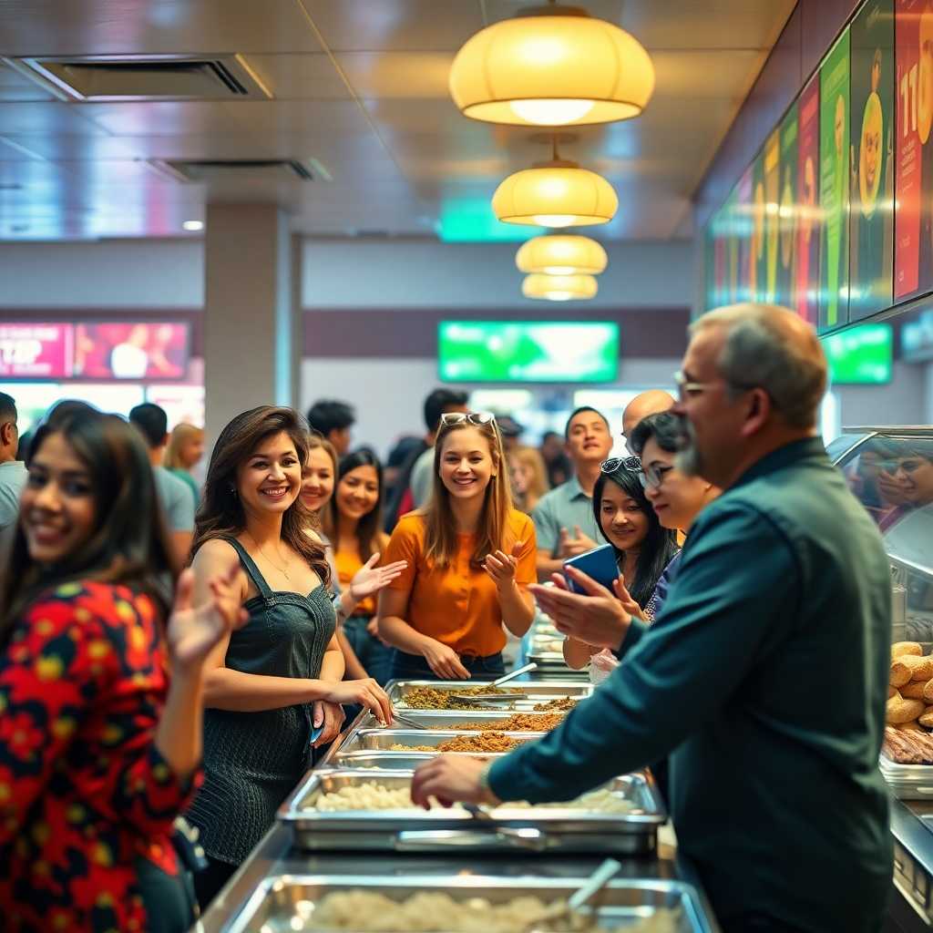 Happy customers at a buffet counter with visible satisfaction 