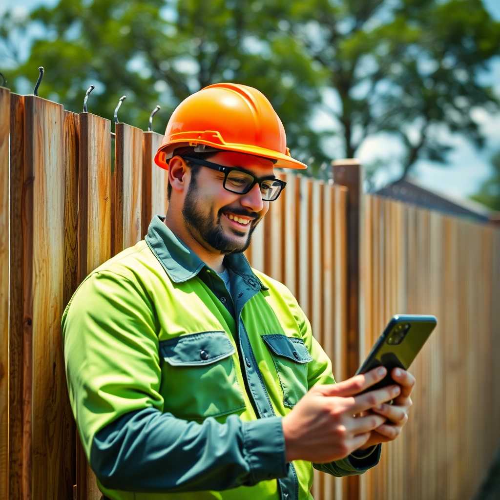 Happy fence installer, phone in hand, reviewing sales data