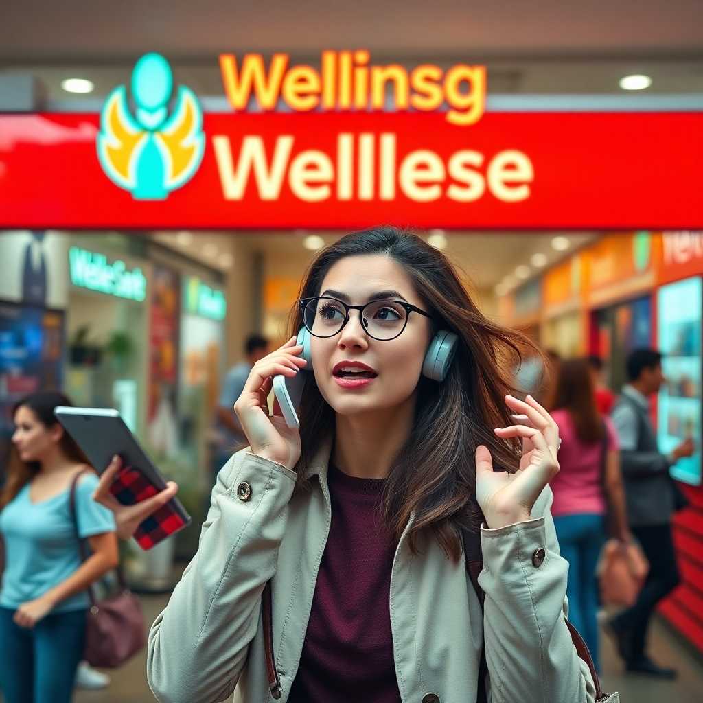 Woman anxiously juggling phone calls in front of a bustling wellness center
