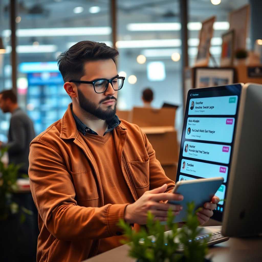 A business owner reviewing satisfied customer messages on a digital portal