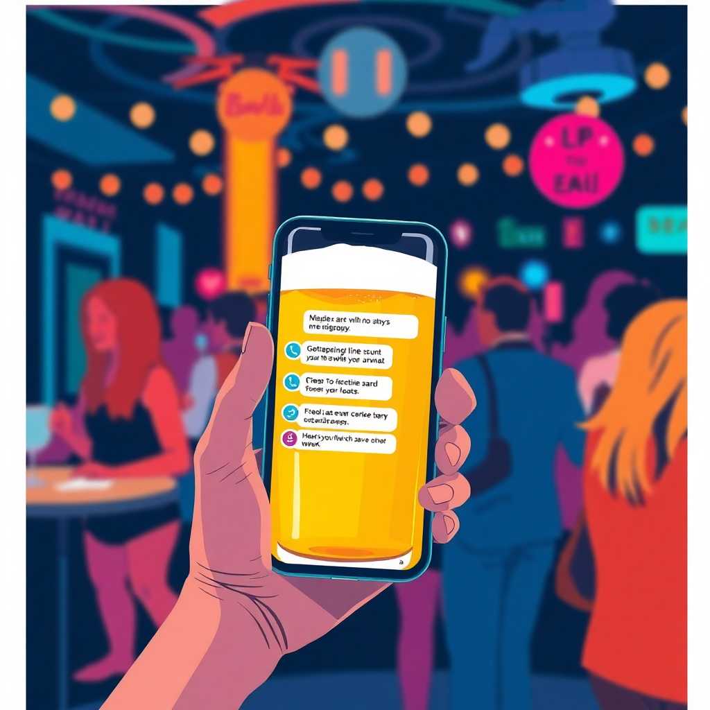 Illustration of phone with SMS notifications over, pint in hand