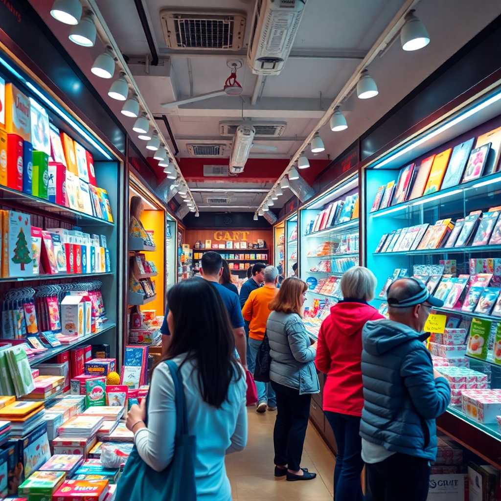 Bustling gift shop with customers looking at a variety of displayed products