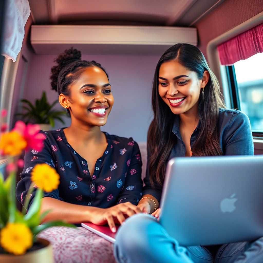 A successful mobile massage business owner smiling at her laptop