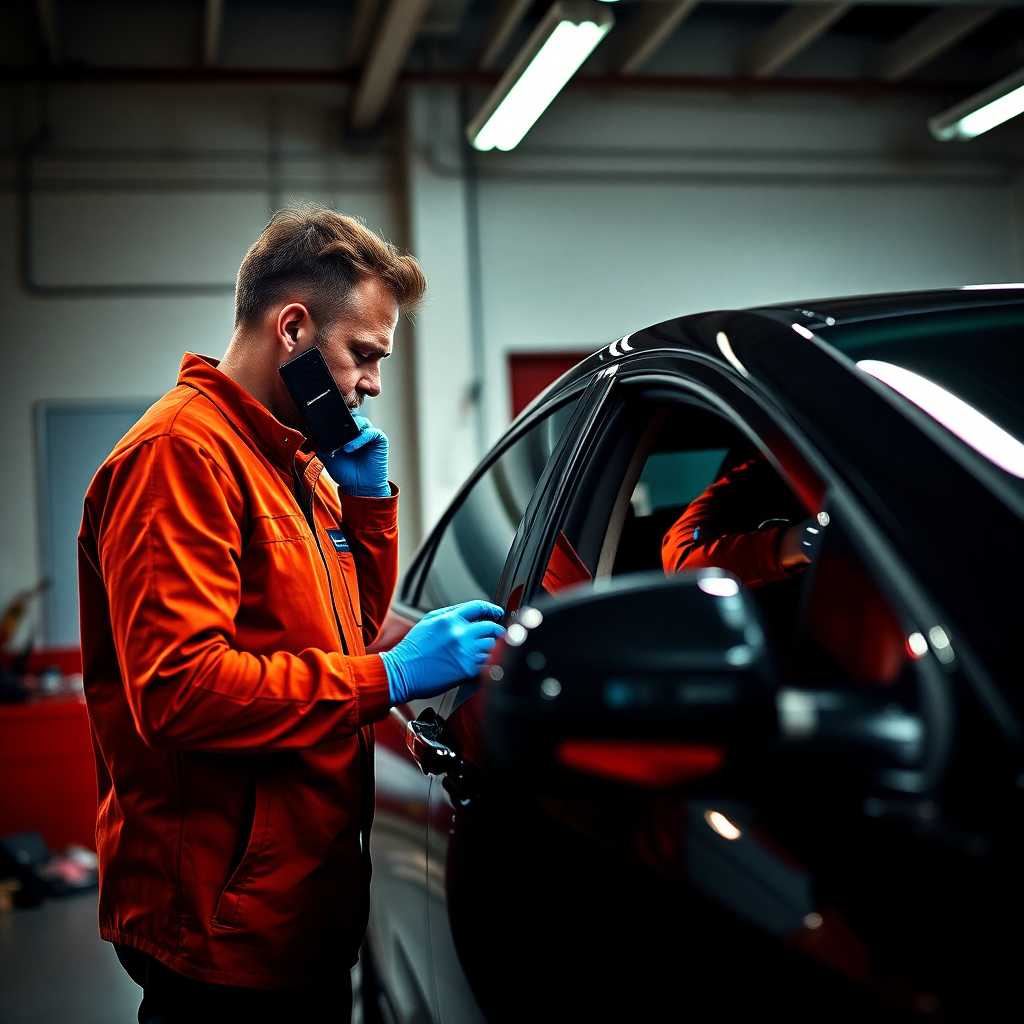 An auto detailer conversing on the phone while detailing a car