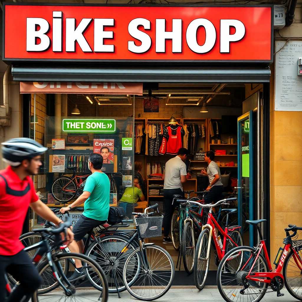 A busy bike shop storefront with buzzing activity and text notifications