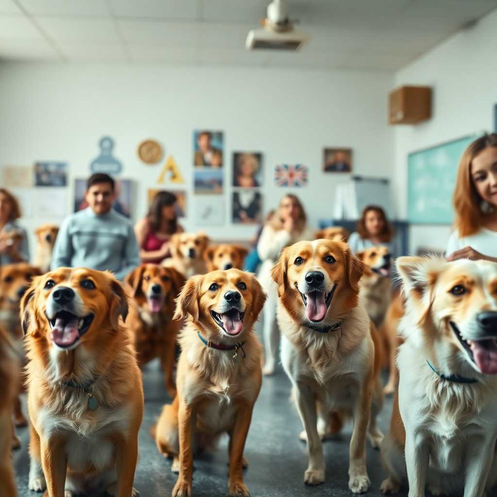 Busy classroom at a dog obedience school