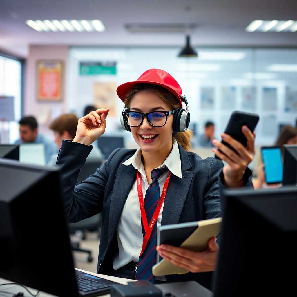 A Courier Dispatcher fervently juggling incoming calls and texts at a busy office