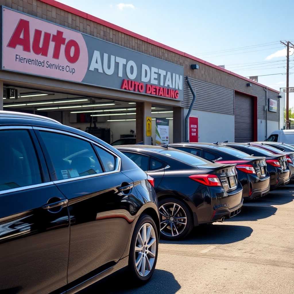 Busy mobile auto detailing storefront with multiple car queue