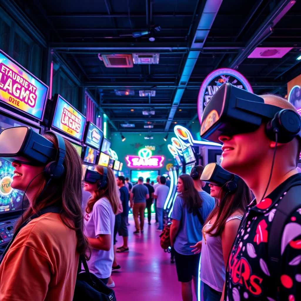 A vibrant photo of a bustling Virtual Reality Arcade