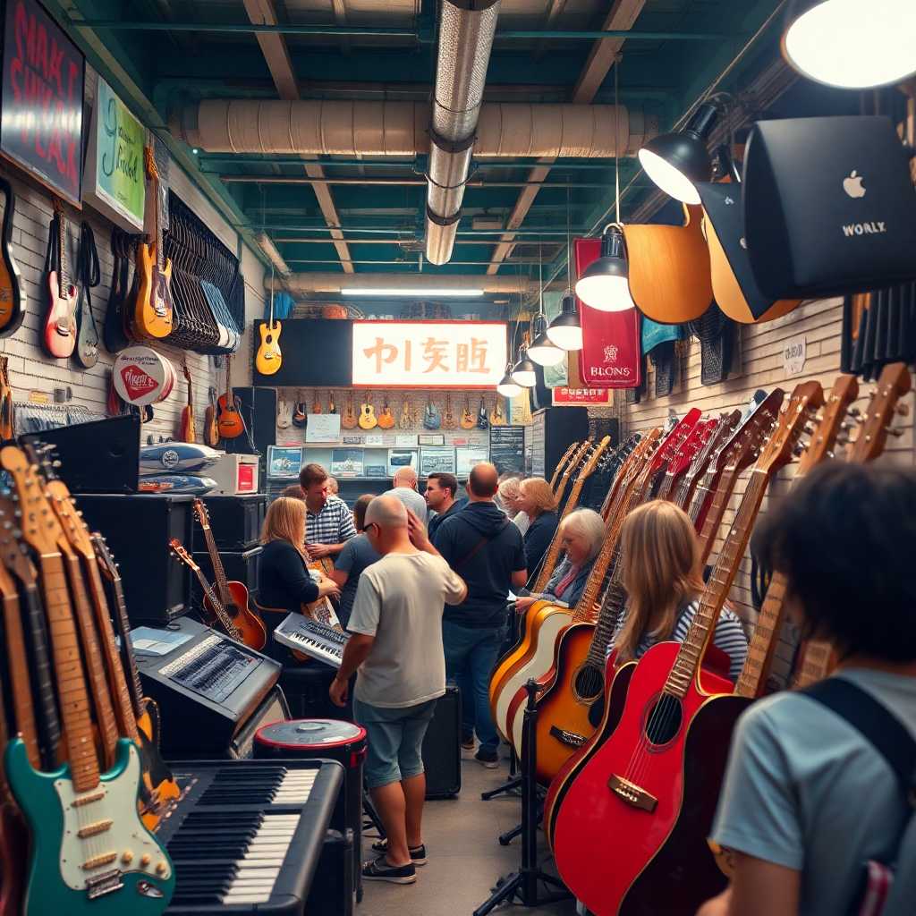 A busy music equipment rental store during peak hours
