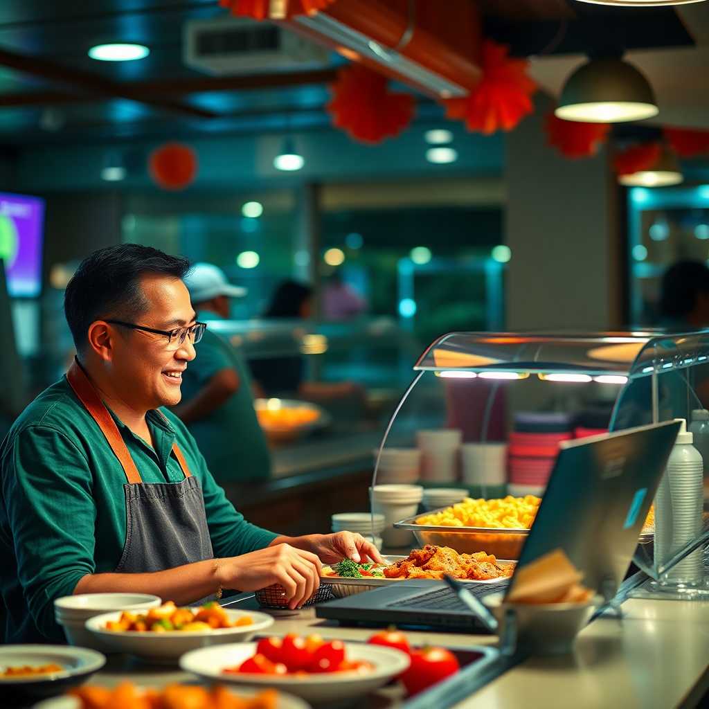 A satisfied buffet owner monitoring messages on a laptop