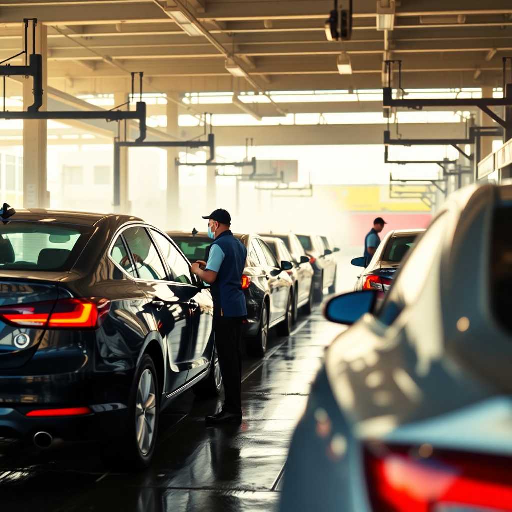 A bustling car wash with staff attending multiple cars