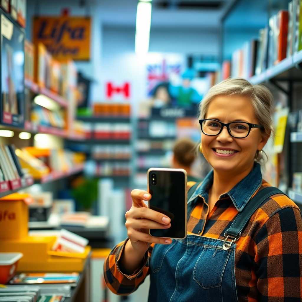Storeowner smiling, holding a smartphone proudly