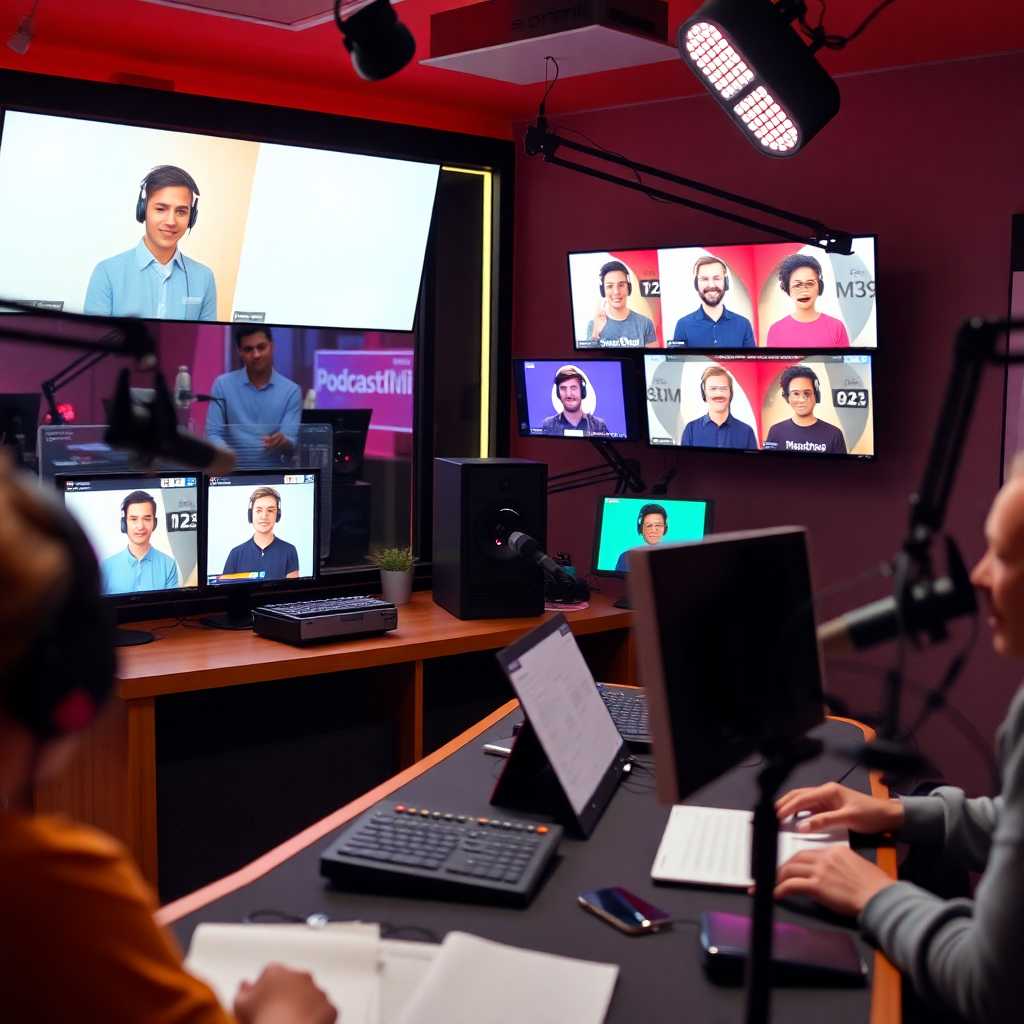 Shows a busy podcast studio with multiple incoming calls displayed