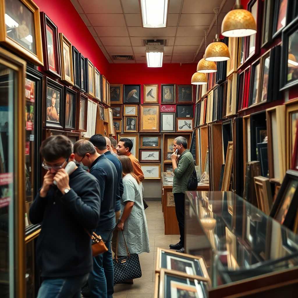 A busy custom frame shop with customers and phones ringing
