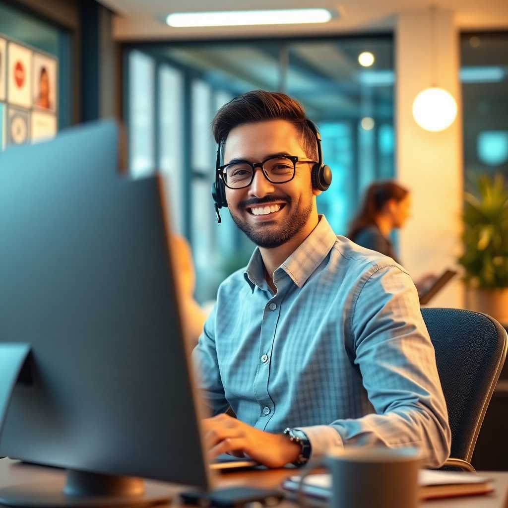 A successful business owner smiling as they oversee their newly improved customer support system